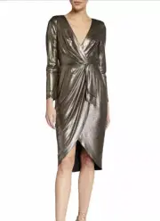 Aidan by Aidan Mattox Foiled Jersey Draped Long-Sleeve Dress
