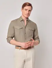 Hawes & Curtis Khaki Pure Linen Slim Safari Shirt Size: Large