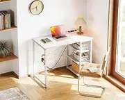 [ODK] Computer Desk with Power Outlets,Home Office Desk with 3 Storage Shelves,Study Desk with Headphone Hook,for Work Study Writing,Modern Simple Style PC Table,80 * 40 * 75cm, White