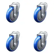5 Inch SS Blue Polyurethane Wheel Swivel Bolt Hole Caster Set Service Caster