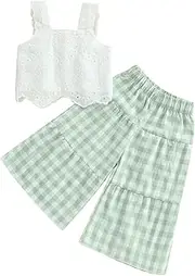 [SYOKUP] Toddler Baby Girl Outfit Summer Sleeveless Lace Hollow Out Crop Tank Tops Plaid Wide Leg Pants Set 2PCS Clothes