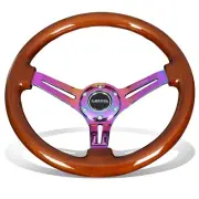 NRG Reinforced 35cm 3"Deep Dish Neo Chrome 3-Spokes Brown Wood Steering Wheel