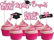 Rsstarxi 24 Pack 2025 Graduation Cupcake Toppers Class of 2025Congrats Grad Diploma Cap Cupcake Picks for So Proud of You 2025 Graduation Theme Party Cake Decorations Pink