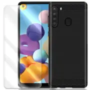 Ultra-Thin Screen Protector&Carbon Fiber TPU Case f Samsung Galaxy A21 SM-A215U