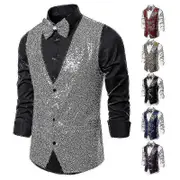 Men's Shiny Sequin Vest, V-neck Suit Waistcoat TA Silver XL