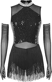 [Choomomo] Adult Women Sparkly Sequin Fringe Latin Dance Dress with Gloves for Performance Party Clubwear