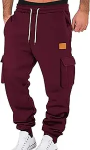 [Generic] Mens Heavyweight Fleece Cargo Sweatpants Stretch Elastic Waist Workout Joggers Pants Drawstring Sports Trousers