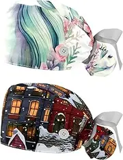 [YTYVAGT] 2-Pc,Nurse Scrub Caps,Scrub Hats with Buttons and Cotton Sweatband,Unicorn Floral Bushes