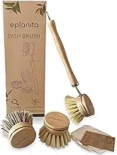 eplanita Natural Dish Brush, 3 Replacement Heads, Kitchen Eco Bamboo Scrubber Brushes, Extra Plant Sponge, Plastic Free Washing Up, Zero Waste Cleaning