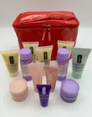 Clinique Lot Of 12 Face Care Trial Sizes Plus Red Patent Leather Cosmetic Bag