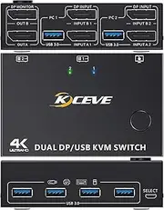 Dual Monitor Displayport KVM Switch 2 Monitors 2 Computers, USB 3.0 DP 1.4 KVM Switcher Supports 8K@30Hz 4K@120Hz for 2 Computers Share Keyboard, Mouse and 2 Monitors, 2 DP 1.4 Cables Included