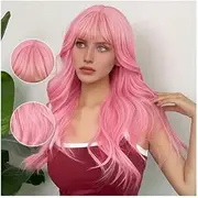 Long Wavy Curly Wigs with Bangs,Synthetic Wig for Daily Cosplay Party Replacement(Pink)