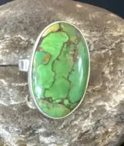 Green Mohave Turquoise Navajo Sterling Silver Ring Size 8 Adjustable 16146