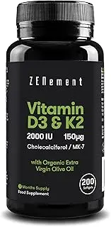Zenement | Vitamin D3 + K2, Cholecalciferol (2000 IU) & MK-7 (150μg), 200 Softgels | with Spanish Extra Virgin Olive Oil | Bones, Muscles & Immune System | 100% Natural Ingredients, No Additives