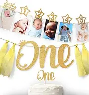 1st Birthday 12 months Photo Banner, Cake Topper, Highchair One Garland. Newborn to 1 Year old Monthly Milestone Picture, Baby Boy & Girl First Gold Decorations Party Supplies