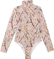 [voucong] Florals Orchid Cherry Blossom Birds Pink_4 long sleeve Sexy Bodysuits for Women Women Shapewear Tummy Control Cute Tops for Women Going Out High-Neck Medium size, Florals Orchid, Cherry