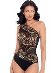 [Miraclesuit Swim] Tribal Tigress Jena One Shoulder Tummy Control Swimsuit in Black Multi