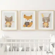 Nursery Bedroom Wall Art prints. Set of three wall decor, Bunny, Fox, Cat