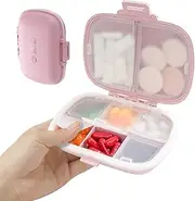 Miss Rui Travel Pill Organizer 8 Compartments Compact Pill Case Carrier Portable Small Pill Container for Pocket Purse Daily Vitamins Medicine Supplement Pink