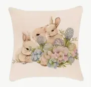 Bunnies Spring Flower Garden Linen Throw Pillow Cover Holiday Home Decor 18x18