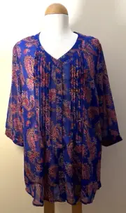 NEW Blair Paisley Chiffon Blouse Womens Sz L Button Up Sheer Pintucked Tunic Top