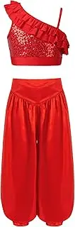 [Loodgao] Kids Girls Belly Dance Outfit Hip-hop Dance Costume Sleeveless Sequins Crop Top with Harem Pants Set