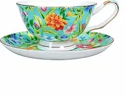 [PMNING] Tea cup and Saucer Set Royal Garden Style Tea Coffee Cup with Saucer 7 Ounces Bone China Teacup and saucer Set(Green)