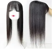 Human Hair Topper with Bangs ，Brazilian Remy Hair Piece Hand Tied Silk Top Toupee Clips for Women(16 inches,12x14CM)