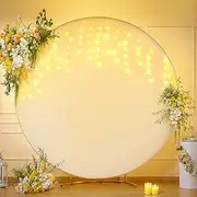 6.6 FT Ivory Round Backdrop Cover with Lights String for Circle Arch Stand, Circle Backdrop Covers with LED Fairy Lights for Wedding Arch Baby Shower Birthday Party Photo Shoot Photography Background