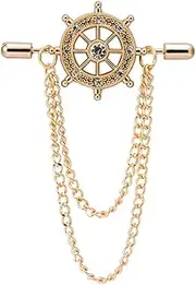 [Generic] Men's Gold Alloy Crystal Ship's Steering Wheel with Chain Lapel Pin