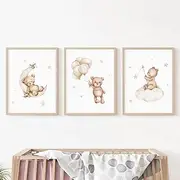 Bear Nursery Wall Art Decor Set of 3 Teddy Bear Canvas Wall Art Baby Boy Nursery Prints Nursery Pictures Wall Decor Moon Star Cloud Neutral Nursery Print for Girls Children Room 12x16 Inch Unframed