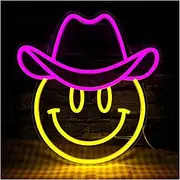 Sign Lamp Smile Face Neon Sign Cowboy Hat Smiling Face LED Light for Wall Decor for Bedroom Party Holiday Game Room 33cm×35cm