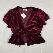 Urban Outfitters Top New Size XS Cropped Bow Tie Front Wine Red Velveteen Boho
