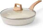 CAROTE 8 Inch Nonstick Skillet Frying Pan with Lid,White Granite Non Stick Omele