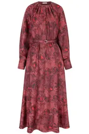 [EMILIA WICKSTEAD] BAHITI DRESS IN RED ROSES ON MARBLE PRINT SILK TWILL UK 18 MAROON