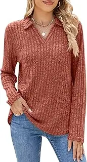 [FEOYA] Women's Knit Jumpers Casual Sweatshirt Classic Pullover Knit V Neck Long Sleeve Jumper Tops Striped Blouse T-Shirt for Winter Fall Spring