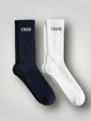 J Crew Mens Softest Crew Socks One Size Cotton Blend White & Navy Logo 2pk NWT