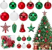 AUTOWT Christmas Tree Balls Ornaments, 45PCS Christmas Tree Decorations Red & Green Ball Shatterproof Glitter Hanging Assorted Set with Hooks for Indoor Outdoor Xmas Holiday Party Home Decor