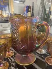 Vintage Indiana Glass Gold Carnival Glass Pitcher With 8 Matching Glasses