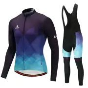 Blue Mens Cycling Kit Reflective Long Sleeve Jersey Coolmax Pants Bib Tights Set