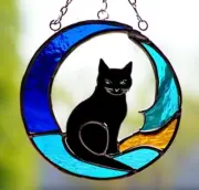 DREAMING MOON CAT Stained Glass SUNCATCHER Black Cobalt Blue Vibrant Window Art
