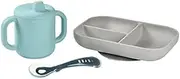 BEABA Silicone Baby Meal Set, 3 Pieces, Divided Plate with Suction pad + Cup + Spoon, Healthy and Durable Silicone, Dishwasher Friendly, Microwave, Blue