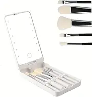 FANPOI Portable Makeup Mirror With 5 Makeup Brushes Travel Case Storage Box LED Rechargeable (White, Tabletop Mount, 8"L x 4"W 0.98"H)