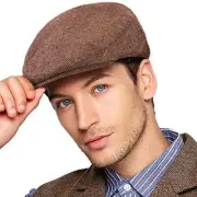 Men Ivy Hat Newsboy Cap - Classic Wool Blend Tweed Flat Small-Medium 002 Brown