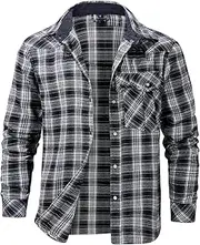 FEOYA Men's Checked Shirt Long Sleeve Flannel Shirts Casual Plaid Shirt Lumberjack Shirts Button Up Flannel Checked Shirts Overshirt Top with Pocket