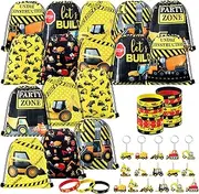 Hungdao 48 Pcs Construction Party Favors Set Includes 16 Truck Drawstring Bags Goodie Wristband Rubber Bracelet Keychain for Supplies,Black,Yellow