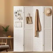Artiss Room Divider, 4 Panels Folding Privacy Portable Screen Shelf Dividers Partition Wall Screens Home Pet Child Indoor Bedroom Furniture, Separator Water-Resistant Pegboard Stand Hollow White