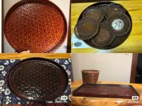 在飛比找樂天市場購物網優惠-日本中古回流手工竹編大漆工藝 無形文化財籃胎漆器橢圓大茶盤