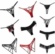 [HotFlowers] HOT FLOWERS Women Sexy Underwear Pack of 10 Variety of Panties - G-String Thongs Crotchless - Adjustable Waist – Black and Red Colors Set, Black, Red, One Size