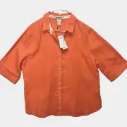 Chicos Sz 3 XL 16 No-Iron LINEN Button Up Peach Coral Shirt top 3/4 Sleeve
